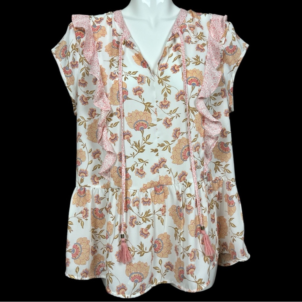 DR2 Daniel Rainn Ruffled Split Neck Tassel Tie Bohemian Floral Print Blouse XL